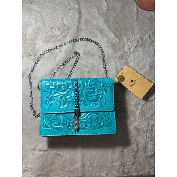 Patricia Nash Aqua Leather Rose Tooled Crossbody Bag With Chain Strap & Tassel - Picture 2 of 16
